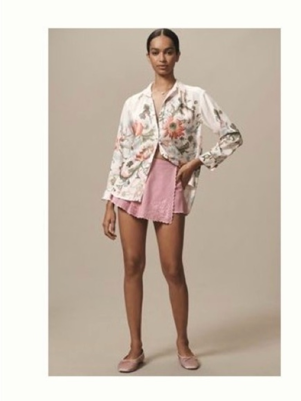 Anthropologie Cream Top with Pink Pom-Pom Trim
